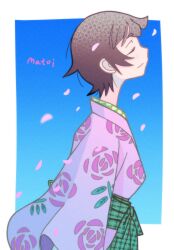  1girl blue_background border brown_hair character_name closed_eyes closed_mouth commentary falling_petals floral_print floral_print_kimono from_side green_sash highres japanese_clothes kaki111222 kimono light_blush long_sleeves outside_border petals pink_kimono pink_petals print_kimono sash sayonara_zetsubou_sensei short_hair smile solo tsunetsuki_matoi upper_body white_border wide_sleeves 