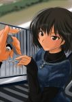  1girl amagami black_hair commentary_request key murasaki_iro nanasaki_ai pov short_hair smile stairs 