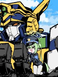  1girl absurdres black_jacket black_shorts blue_archive blue_sky clouds cloudy_sky commentary_request crossover day green_hair halo hat highres in_palm jacket k.tomato kepi kneeling long_hair long_sleeves mecha might_gaine military_hat nozomi_(blue_archive) outdoors pantyhose pointy_ears robot short_shorts shorts sky smile solo trait_connection twintails white_pantyhose yellow_eyes yuusha_series yuusha_tokkyuu_might_gaine 