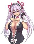  1girl blush bow breasts cleavage hair_ribbon hand_on_own_chest horns houtengeki large_breasts long_hair looking_at_viewer maid_headdress original purple_hair ribbon short_sleeves simple_background smile solo twintails violet_eyes white_background wrist_cuffs 