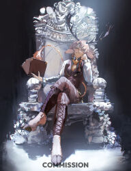  1boy absurdres animal_ears black_horns book brown_pants brown_vest chair closed_mouth commentary commission english_commentary gandy_(gan3e46) glasses head_rest highres holding holding_book hooves horns long_sleeves necktie on_chair original pants satyr shirt sitting solo tail tail_raised vest watermark white_shirt yellow_eyes yellow_necktie 