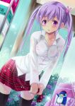  1girl black_legwear bra flower hydrangea long_sleeves plaid plaid_skirt purple_bra purple_hair rain school_uniform see-through skirt striped striped_background tagme takanashi_haruto twintails underwear violet_eyes wet wet_clothes wringing_skirt 