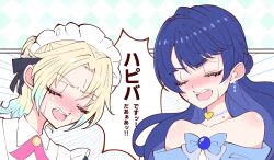  2girls bare_shoulders blonde_hair blue_dress blue_hair blush braid cho_toutoi_love commentary_request dress gradient_hair half_up_braid half_updo highres kentotto long_hair love_live! love_live!_hasu_no_sora_jogakuin_school_idol_club maid maid_headdress mole mole_on_neck multicolored_hair multiple_girls murano_sayaka nose_blush off-shoulder_dress off_shoulder open_mouth osawa_rurino unfinished virtual_youtuber 