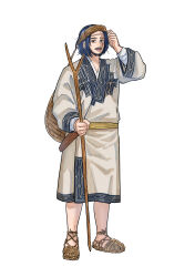  1boy absurdres ainu_clothes beard black_hair blue_eyes blue_hair cane commentary_request etsu_(667098) facial_hair golden_kamuy highres looking_at_viewer male_focus mustache sandals scar scar_across_eye scar_on_face scar_on_forehead simple_background solo white_background wilk_(golden_kamuy) 