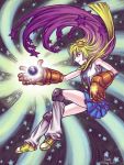  1girl artist_name blade_of_fury blonde_hair dated earth giantess gradient_hair knee_pads leg_warmers mechanical_arms multicolored_hair pins purple_hair saturn scarf shoes skirt sleeveless smile sneakers solo starpunch_girl starpunch_girl_(character) yellow_eyes 