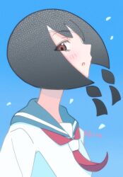  1girl :o bandaged_head bandages black_hair blue_background blue_sailor_collar braid brown_eyes character_name commentary from_side highres kaki111222 kobushi_abiru light_blush looking_at_viewer low_twin_braids medium_hair neckerchief portrait red_neckerchief sailor_collar sailor_shirt sayonara_zetsubou_sensei school_uniform serafuku shirt solo twin_braids white_shirt 