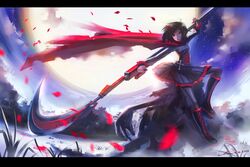  black_hair boots cape cross inoi moon pantyhose petals ruby_(rwby) rwby scythe short_hair skirt weapon 