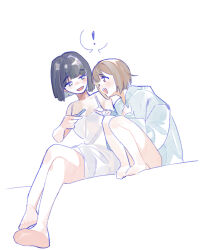  ! 2girls :d bare_shoulders barefoot black_hair blue_cardigan blunt_bangs blunt_ends bob_cut borrowed_clothes cardigan commentary crossed_legs dress english_commentary eye_contact full_body highres kachimachi_kosuzu looking_at_another love_live! love_live!_hasu_no_sora_jogakuin_school_idol_club momose_ginko momose_ginko_(summer_loungewear) multiple_girls open_mouth oversized_clothes pipi_(m1x_mix) shared_speech_bubble short_dress short_hair sitting sleeveless sleeveless_dress smile speech_bubble spoken_exclamation_mark violet_eyes virtual_youtuber white_dress yuri 