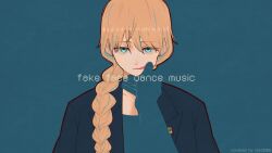  1girl aqua_eyes black_jacket blending blonde_hair braid braided_ponytail dazbee english_text expressionless hair_over_shoulder highres indie_utaite jacket lipstick long_hair looking_at_viewer makeup official_art smeared_lipstick solo_focus syooooyoooo upper_body 