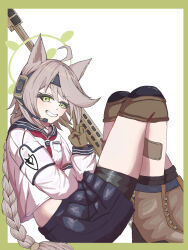  1girl ahoge animal_ears anti-materiel_rifle barrett_m82 black_shorts black_skirt blue_archive boots border curled_up fox_ears fox_girl green_border green_eyes grey_hair grin gun headphones highres ijousou knee_pads long_braid long_hair looking_at_viewer neckerchief otogi_(blue_archive) red_neckerchief rifle sailor_collar shorts simple_background sitting skirt smile sniper_rifle solo tactical_gloves v weapon weapon_request white_background 