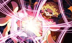  1girl black_shirt blonde_hair bright_pupils brown_dress commentary dress grin highres incoming_attack kurodani_yamame long_sleeves looking_at_viewer medium_hair orange_eyes pinafore_dress shirt sleeveless sleeveless_dress smile solo suteruko touhou white_pupils 