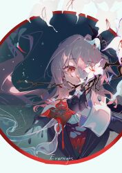  1girl black_dress black_flower black_gloves dress evernight_(honkai:_star_rail) flower furioso gloves hair_between_eyes hair_flower hair_ornament highres holding holding_flower honkai:_star_rail honkai_(series) long_hair long_sleeves march_7th_(honkai:_star_rail) official_alternate_eye_color pink_hair red_eyes solo white_flower 