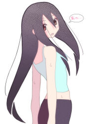  1girl black_hair black_pants blue_tank_top brown_eyes commentary from_behind hair_between_eyes highres kaki111222 komori_kiri light_blush long_hair looking_at_viewer looking_back loose_hair_strand open_mouth pants raised_eyebrow sayonara_zetsubou_sensei simple_background solo speech_bubble sweat tank_top translated upper_body very_long_hair white_background 