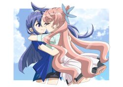  2girls aqua_shirt blue_hair blue_shirt blue_sky blunt_ends blush border butterfly_hair_ornament closed_eyes closed_mouth clouds cropped_legs double-parted_bangs floating_hair hair_between_eyes hair_ears hair_ornament high_side_ponytail hug kazanari_tsubasa kiss kissing_cheek long_hair maria_cadenzavna_eve multiple_girls outside_border pink_hair purple_hair senki_zesshou_symphogear shirt short_sleeves side_ponytail sky smile tomosoraaki upper_body very_long_hair wavy_sidelocks white_border 