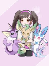  1girl alternate_color black_eyes blush bracelet bright_pupils brown_eyes brown_hair closed_mouth commentary headband highres holding jewelry kneeling leafeon original pink_eyes pokemon pokemon_(creature) saki_pokeoekaki shiny_pokemon smile sylveon twintails untranslatable_commentary vaporeon white_pupils 