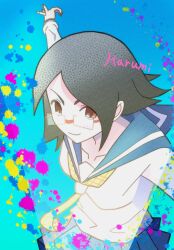  1girl black_hair blue_background blue_sailor_collar blue_skirt brown_eyes character_name commentary fujiyoshi_harumi glasses highres holding holding_pencil kaki111222 light_blush long_sleeves looking_at_viewer neckerchief outstretched_arms paint_splatter pencil sailor_collar sailor_shirt sayonara_zetsubou_sensei school_uniform serafuku shirt short_hair skirt smile solo spread_arms upper_body white_shirt yellow_neckerchief 
