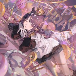  1girl :d ;d apron balloon black_dress cake commentary confetti dress english_commentary fcjfior feathered_wings food fork gloves hair_flaps happy_birthday highres holding holding_fork hololive hololive_english long_hair long_sleeves looking_at_viewer low_wings lying mole mole_under_eye ninomae_ina'nis ninomae_ina'nis_(pastry_chef) official_alternate_costume official_alternate_hairstyle on_side one_eye_closed open_mouth pointy_ears puffy_long_sleeves puffy_sleeves purple_hair short_dress sidelocks smile solo takodachi_(ninomae_ina'nis) tentacle_hair virtual_youtuber white_apron white_gloves wings 