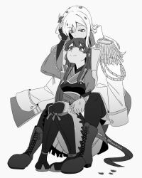  2girls aiguillette armor bad_id bad_twitter_id blush boots closed_mouth covered_mouth epaulettes fingerless_gloves flower front-to-back full_body gloves greyscale hair_between_eyes hair_flower hair_ornament hair_ribbon hand_on_another's_head highres holding_hands jacket jacket_on_shoulders japanese_armor japanese_clothes kimono kimono_skirt knees_up lace-up_boots long_hair long_sleeves looking_at_another looking_down looking_up missing_commentary monochrome multiple_girls muneate obi pants petals pigeon-toed revueofjack ribbon ribbon-trimmed_kimono ribbon_trim rose sash shoujo_kageki_revue_starlight shoujo_kageki_revue_starlight_-re_live- shoulder_armor simple_background sitting sitting_between_legs skirt smile sode suneate tomoe_tamao twitter_username white_background wide_sleeves wing_hair_ornament yumeoji_fumi yuri 
