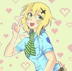  1girl :d akatsuki_kirika artist_name blonde_hair blue_shirt bob_cut breast_pocket crossed_bangs double-parted_bangs green_background green_eyes green_necktie hair_between_eyes hair_ornament hair_tie heart highres horizontal-striped_necktie kiyokotobuki looking_at_viewer medium_hair necktie open_mouth pocket popped_collar senki_zesshou_symphogear shirt short_sleeves simple_background smile solo striped_clothes striped_necktie twitter_username two-tone_necktie upper_body v x_hair_ornament 
