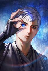 1boy ball black_gloves black_robe blue_background closed_mouth fingerless_gloves gloves grey_eyes grey_hair highres holding holding_ball lrculwell male_focus marble_(stone) mole mole_on_cheek mortal_kombat mortal_kombat_(series) mortal_kombat_1_(2023) robe scar scar_across_eyebrow scar_on_face scar_on_forehead short_hair smoke_(mortal_kombat) solo upper_body