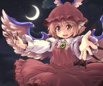  1girl animal_ears blush brooch crescent_moon dress fingernails hat jewelry long_fingernails moon mystia_lorelei night night_sky nise_nanatsura open_mouth outstretched_arms outstretched_hand pink_hair short_hair sky smile solo touhou winged_hat wings 