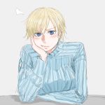  1girl blonde_hair blue_eyes blush facing_viewer frown hand_on_own_face leaning nigatsu_(fevrali) nikka_edvardine_katajainen pink_background ribbed_sweater short_hair simple_background sitting solo strike_witches sweater 