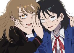  2girls black_eyes black_hair black_shirt blonde_hair blue_jacket blush collared_shirt eyelashes fang futsuu_no_keion-bu hand_on_another's_chin hand_on_another's_shoulder hatono_chihiro highres jacket long_hair medium_hair multiple_girls neck_ribbon qrioic74 red_ribbon ribbon school_uniform shirt skin_fang small_sweatdrop tatsumi_reiha whispering_in_ear white_background white_shirt yellow_eyes 