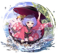  1girl :d antenna_hair arm_support blurry blush bowl bowl_boat bowl_hat day depth_of_field floral_print full_body game_asset hamanashi_(trapiorra) happy hat holding holding_bowl holding_unworn_clothes holding_unworn_hat issun-boushi japanese_clothes kimono long_sleeves looking_at_viewer miracle_mallet non-web_source official_art open_mouth outdoors purple_hair self-datamine short_hair simple_background sky smile solo splashing sukuna_shinmyoumaru touhou touhou_arcadia_record transparent_background unworn_hat unworn_headwear violet_eyes water wide_sleeves 