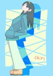  1girl aqua_sweater black_hair blue_border border brown_eyes brown_shoes character_name commentary_request drop_shadow from_side full_body green_pants hairband hands_in_pockets highres kaki111222 kitsu_chiri light_blush long_hair looking_at_viewer outside_border pants parted_bangs sayonara_zetsubou_sensei shoes smile solo standing sway_back sweater yellow_background yellow_hairband 