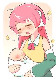  1girl :3 =_= baby baby_carry bare_shoulders bird blush_stickers border breasts carrying carrying_baby carrying_person collared_dress detached_sleeves dress gradient_background green_dress hair_ornament hairclip headphones highres large_breasts momone_momo mother_and_child open_mouth orange_background parent_and_child red_ribbon ribbon smile solo utau watayu_(actinotrocha) white_background white_border 