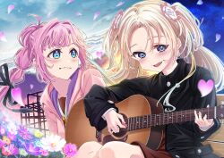  2girls absurdres acoustic_guitar ahoge anyoji_hime black_coat black_ribbon blonde_hair blue_eyes brown_dress closed_mouth coat collared_coat commentary_request daisy_(flower) dress feet_out_of_frame flower frontrivers_kae guitar hair_ribbon hasu_no_sora_school_uniform heart highres hood hooded_jacket instrument jacket jungle_gym long_sleeves looking_at_another love_live! love_live!_hasu_no_sora_jogakuin_school_idol_club mira-cra_park! multi-tied_hair multiple_girls neckerchief on_bench open_clothes open_coat open_jacket orange_flower osawa_rurino pink_flower pink_hair pink_jacket playing_guitar playing_instrument ponytail purple_flower ribbon sailor_collar sailor_dress school_uniform sidelocks sitting smile virtual_youtuber white_flower white_sailor_collar winter_uniform yellow_flower yellow_neckerchief 