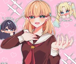  3girls :d absurdres aqua_eyes black_hair blonde_hair blue_hair blush bright_pupils brown_dress chibi chibi_inset commentary_request dress fang flower gradient_hair hair_flower hair_ornament half-closed_eyes half_updo hasu_no_sanrenka hasu_no_sora_school_uniform heart heart_background highres hinoshita_kaho hosino_mukou long_hair long_sleeves love_live! love_live!_hasu_no_sora_jogakuin_school_idol_club medium_hair multicolored_hair multiple_girls murano_sayaka neckerchief open_mouth orange_hair osawa_rurino pink_background pink_flower pixel_heart rabbit_hair_ornament red_neckerchief sailor_collar sailor_dress school_uniform smile sparkle sweatdrop twintails two_side_up upper_body violet_eyes virtual_youtuber white_pupils white_sailor_collar winter_uniform 