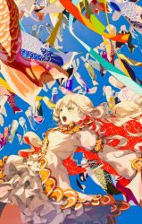  1girl absurdres blonde_hair blue_background dress floating_hair frilled_dress frills from_below green_eyes highres koinobori multicolored_eyes open_mouth original sky solo tagme thighs two-tone_eyes windsock yellow_eyes yuyufufu 