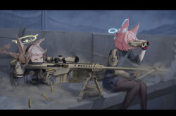  2girls absurdres aiming anti-materiel_rifle arm_guards barrett_m82 black_pantyhose blue_archive blue_halo brown_hair bullet fingerless_gloves fox_platoon_(blue_archive) gloves green_eyes gun halo highres holding holding_bullet holding_telescope military_combat_uniform military_uniform multiple_girls niko_(blue_archive) odi original otogi_(blue_archive) pantyhose pink_hair rain rifle sniper_rifle tactical_clothes tactical_gloves telescope weapon weapon_request yellow_halo 