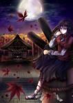  1girl absurdres autumn_leaves beads blue_hair clouds highres looking_at_viewer mirror moon night onbashira refutye rope sandals shimenawa shirt shrine sitting skirt star touhou violet_eyes yasaka_kanako 