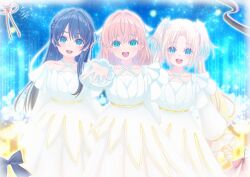  3girls :d aqua_eyes blonde_hair blue_eyes blue_hair collarbone commentary_request cowboy_shot criss-cross_halter criss-cross_straps crying crying_with_eyes_open curtained_hair dated dress frilled_dress frills gradient_hair hair_bobbles hair_intakes hair_ornament halterneck hasu_no_sanrenka highres hikari_no_naka_de_hana_saite hinoshita_kaho long_sleeves looking_at_viewer love_live! love_live!_hasu_no_sora_jogakuin_school_idol_club love_live!_hasu_no_sora_jogakuin_school_idol_club_bloom_garden_party medium_hair multicolored_hair multiple_girls murano_sayaka night open_mouth orange_hair osawa_rurino outdoors parted_bangs reaching reaching_towards_viewer signature single_bare_shoulder single_off_shoulder sky smile star_(sky) starry_sky tears twintails two_side_up umino_tsukina white_dress 