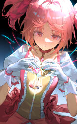  1girl absurdres brooch choker commentary dress dual_persona falling frilled_dress frills gloves highres jewelry kaname_madoka kaname_madoka_(magical_girl) magical_girl mahou_shoujo_madoka_magica mahou_shoujo_madoka_magica_(anime) pink_dress pink_eyes pink_hair red_choker short_twintails solo soul_gem square_neckline twintails white_gloves yinhepongpong 