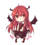  1girl :o ahoge bat_wings book boots chibi dress head_wings heart knee_boots koakuma kudukimii long_hair long_sleeves looking_at_viewer necktie red_eyes redhead simple_background solo touhou white_background wings 