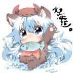  1girl animal_ears bear_ears bear_paw blue_eyes blue_hair chibi fang fish food_in_mouth highres kamishirasawa_keine kemonomimi_mode long_hair mouth_hold paws rebecca_(keinelove) sitting solo touhou very_long_hair water 