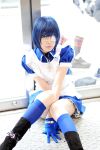  apron blue_hair boots cosplay eyepatch gloves ikkitousen kneehighs maid maid_uniform namada photo ryomou_shimei 
