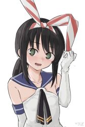  1girl black_hair black_neckerchief blue_sailor_collar elbow_gloves flat_chest fubuki_(kancolle) fubuki_(prototype)_(kancolle) gloves grey_eyes hairband hikashima_(shiofune) kantai_collection looking_at_viewer low_ponytail neckerchief ponytail sailor_collar shirt sidelocks simple_background sleeveless sleeveless_shirt solo striped_clothes striped_hairband white_background white_gloves 
