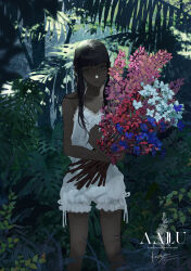  1girl absurdres artist_name bare_shoulders black_hair blue_eyes blue_flower blunt_bangs blurry blurry_foreground branch closed_mouth collarbone commentary dappled_sunlight dim_lighting english_text feet_out_of_frame flower foliage forest frilled_romper frills furrowed_brow head_tilt highres holding holding_flower hugging_object jungle leaf light_frown long_hair long_sidelocks looking_at_viewer loose_hair_strand nature noor_nzm original outdoors palm_leaf pink_flower plant red_flower ribbon romper shade shadow sidelocks signature sleeveless solo spaghetti_strap sunlight too_many_flowers tree tropical twitter_username untranslatable_commentary white_flower white_ribbon white_romper 