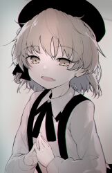  1girl :d akahito beret black_hat black_ribbon brown_eyes brown_hair chromatic_aberration collared_shirt grey_background hat hatoba_tsugu long_sleeves looking_at_viewer mole mole_under_eye open_mouth own_hands_together ribbon shirt short_hair smile solo suspenders tsugu_(vtuber) upper_body virtual_youtuber white_shirt 