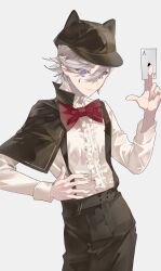  1boy absurdres ace_(playing_card) ace_of_spades animal_ear_headwear black_capelet black_pants bow bowtie brown_hat buri04660072364 capelet card center_frills collared_shirt cowboy_shot frills genshin_impact grey_background grey_hair hand_up hat highres holding holding_card long_sleeves lyney_(genshin_impact) lyney_(spring_blossom_tales)_(genshin_impact) male_focus official_alternate_costume pants playing_card red_bow red_bowtie shirt short_hair simple_background solo spade_(shape) suspenders violet_eyes white_shirt 