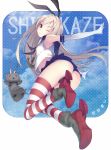  1girl ;) absurdres anchor ass black_panties blonde_hair elbow_gloves gloves hair_ornament hairband highres kantai_collection long_hair panties personification rensouhou-chan shimakaze_(kantai_collection) shouin striped striped_legwear thighhighs thong underwear white_gloves wink 