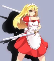  1girl apron back_bow bad_link blonde_hair bow closed_mouth frilled_apron frills highres holding holding_sword holding_weapon iliketequila long_hair looking_to_the_side maid maid_apron maid_headdress shadow short_sleeves simple_background solo sword touhou touhou_(pc-98) weapon yellow_eyes yumeko_(touhou) 