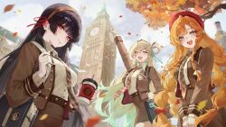  3girls alternate_costume arm_up bag black_hair black_jacket blonde_hair blush braid braided_sidelocks breasts brown_necktie brown_skirt chisa_(wuthering_waves) closed_mouth commentary english_commentary gradient_hair green_hair guest_art hair_ribbon hat jacket long_hair looking_at_viewer lynae_(wuthering_waves) medium_breasts mihan_(mihan_art) multicolored_hair multiple_girls necktie open_mouth orange_eyes pointy_ears real_world_location red_eyes red_hat red_ribbon ribbon school_bag sidelocks sigrika_(wuthering_waves) skirt smile violet_eyes wuthering_waves 