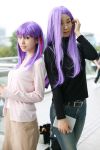  camisole cardigan cosplay fate/stay_night glasses hair_ribbons jeans matou_sakura minato_misa photo purple_hair rider skirt turtleneck yoshishige_yutaka 