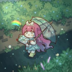  1girl after_rain alternate_costume baobhan_sith_(fate) blue_flower blurry blush_stickers boots bouquet bow bow_hairband braid cernunnos_(fate) character_charm charm_(object) chibi commentary depth_of_field dress fate/grand_order fate_(series) flower grass grey_eyes hair_bow hairband half_up_braid holding holding_bouquet holding_umbrella kanya_1111 long_hair looking_up open_mouth outdoors plant pointy_ears purple_flower rainbow red_hair sleeveless sleeveless_dress smile solo transparent transparent_umbrella umbrella untranslatable_commentary walking white_bow white_dress white_flower white_hairband yellow_boots 