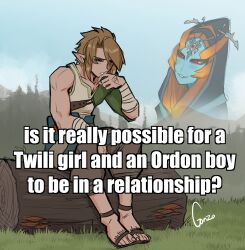  1boy 1girl black_skin blonde_hair blue_skin colored_sclera colored_skin eyeshadow front_ponytail gonzo_(jgonzohasbigdum) grey_skin highres link makeup meme midna midna_(true) multicolored_skin orange_hair purple_eyeshadow purple_lips the_legend_of_zelda the_legend_of_zelda:_twilight_princess two-tone_skin yellow_sclera 